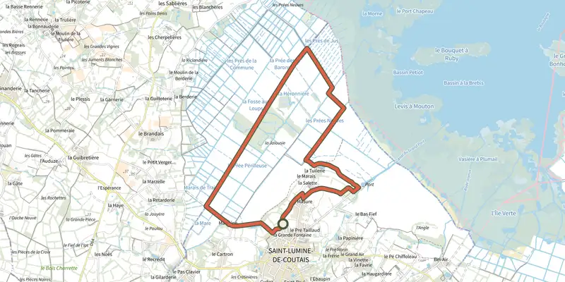Carte du tracé de Circuit les Marais (Saint-Lumine-de-Coutais) sur le Plan IGN, départ et points de passage numérotés