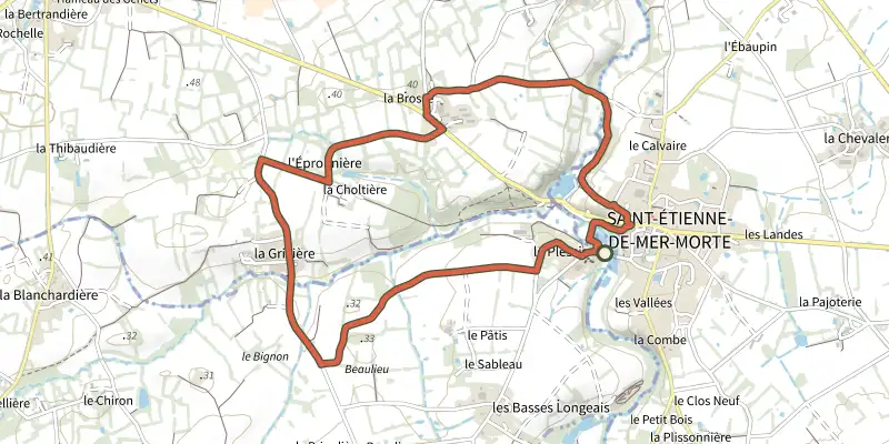 Carte du tracé de Circuit du "La Vallée du Falleron" sur OpenTopoMap, départ et points de passage numérotés