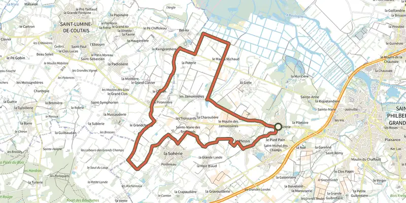 Map of the Circuit des Jamonnières track on OpenTopoMap, with the start and numbered waypoints