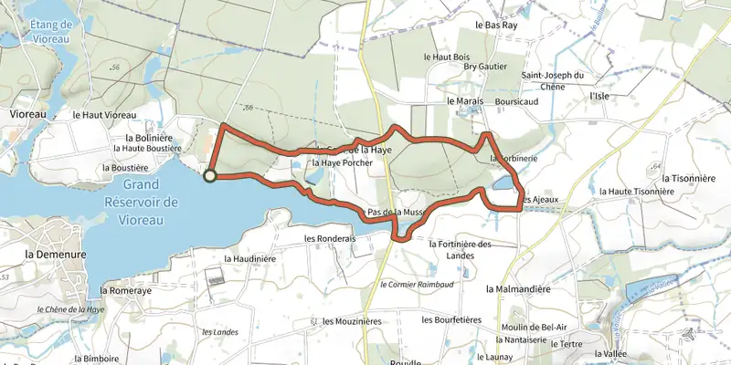 Carte du tracé de la Forêt de Vioreau sur le Plan IGN, départ et points de passage numérotés