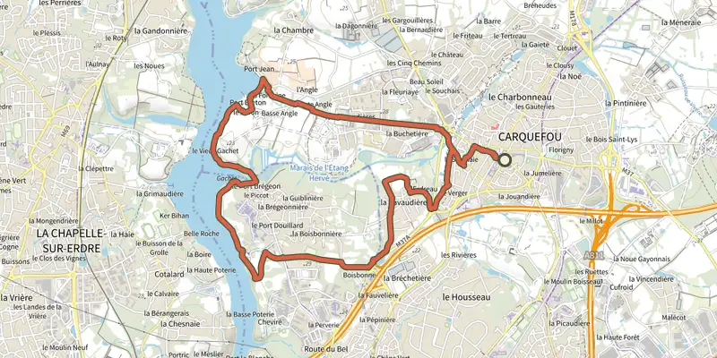 Map of the Les Bords de l'Erdre track on OpenTopoMap, with the start and numbered waypoints