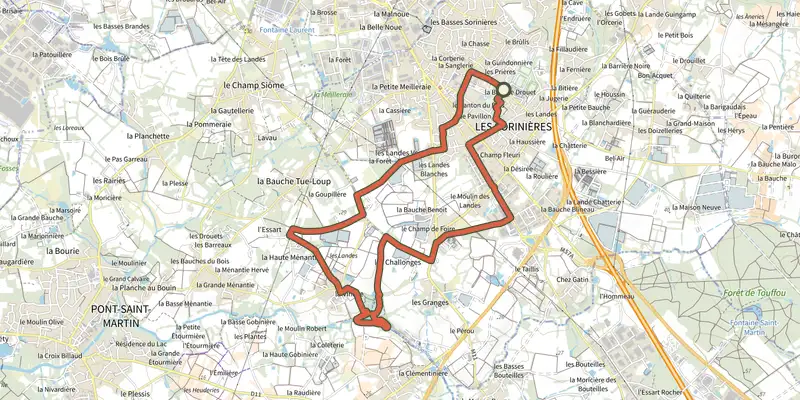 Map of the circuit de la Filée track on the IGN map, with the start and numbered waypoints