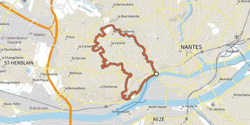 Map of the Vallée de la Chézine-Chantenay track on OpenTopoMap, with the start and numbered waypoints