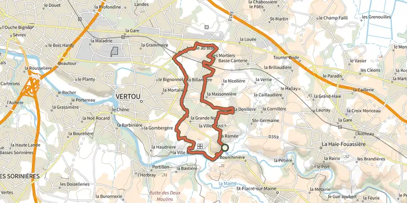 Carte du tracé de Sentier de la Ramée à la Ville au Blanc sur le Plan IGN, départ et points de passage numérotés
