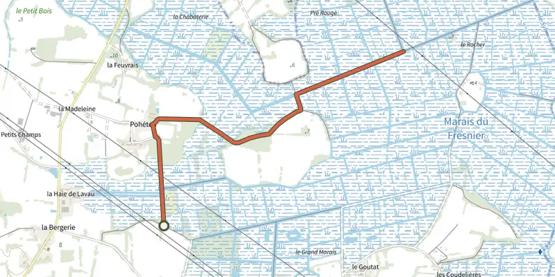 Map of the Liaison sentier du Syl et Sentier du Marais du Fresnier track on the IGN map, with the start and numbered waypoints