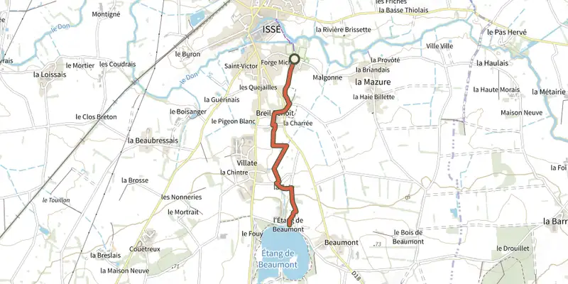 Carte du tracé de Sentier des prairies sur le Plan IGN, départ et points de passage numérotés
