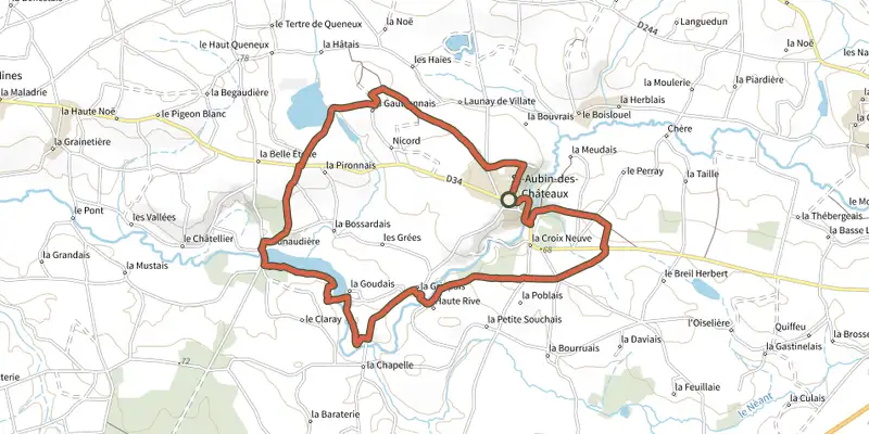 Map of the Sentier Etangs et Calvaires track on OpenTopoMap, with the start and numbered waypoints