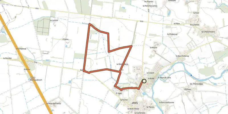 Map of the Sentier de l'étang de la Pierre track on the IGN map, with the start and numbered waypoints