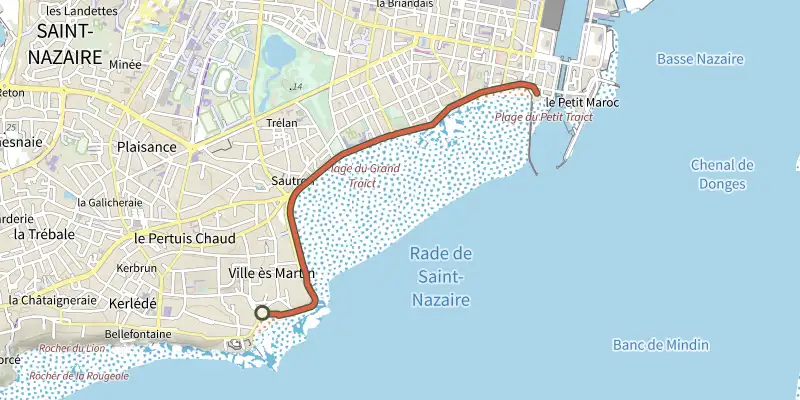 Carte du tracé de La rade de Saint-Nazaire sur OpenTopoMap, départ et points de passage numérotés