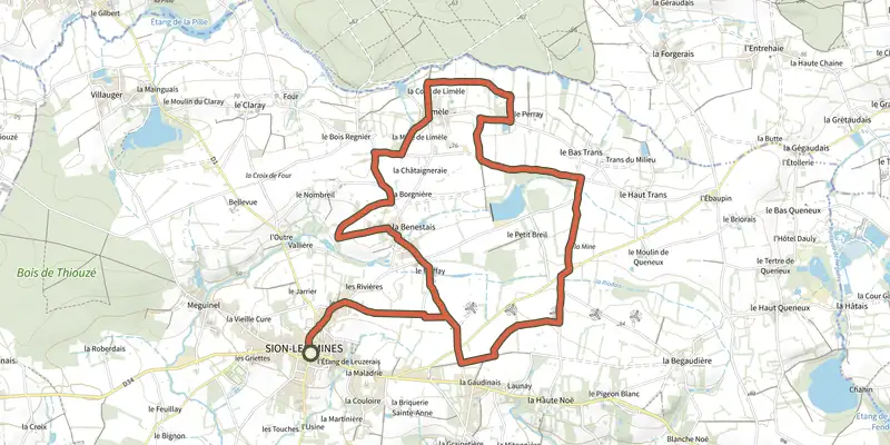 Map of the Sentier des mines track on the IGN map, with the start and numbered waypoints