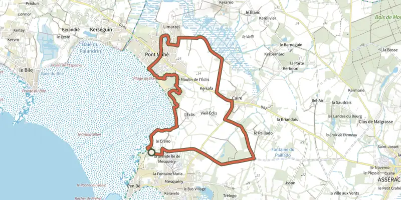Carte du tracé de Parcours De la Mer à la Mer sur le Plan IGN, départ et points de passage numérotés