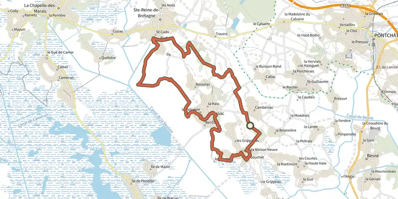 Carte du tracé de Sur les pas de Cadou sur le Plan IGN, départ et points de passage numérotés