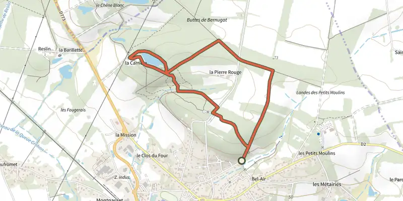 Map of the Circuit des pins track on OpenTopoMap, with the start and numbered waypoints