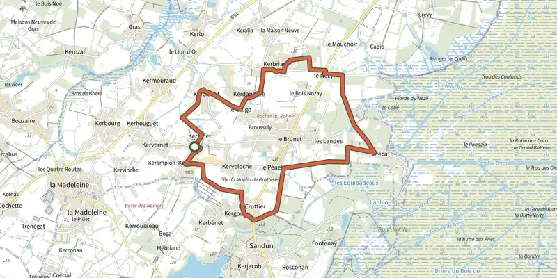 Carte du tracé de Circuit des Ker sur le Plan IGN, départ et points de passage numérotés