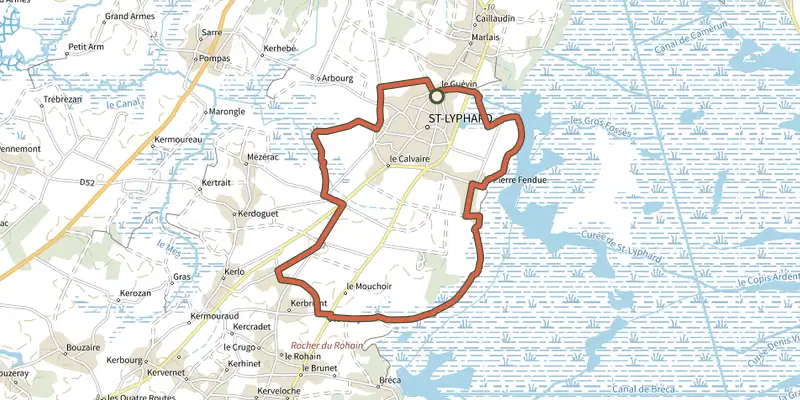 Carte du tracé de Entre Mes et Brière sur le Plan IGN, départ et points de passage numérotés