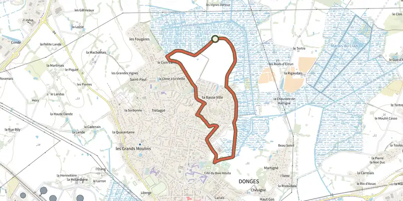 Map of the Le Coin Carre track on OpenTopoMap, with the start and numbered waypoints