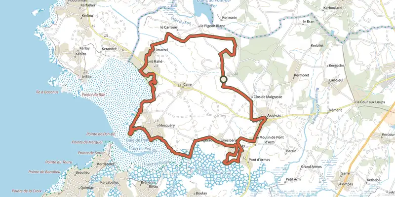 Map of the Le traict de Pen Be track on the IGN map, with the start and numbered waypoints