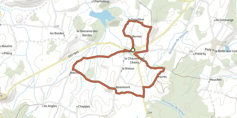 Map of the Tour des Hameaux track on the IGN map, with the start and numbered waypoints