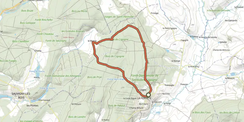 Map of the La Fermete 2 track on the IGN map, with the start and numbered waypoints