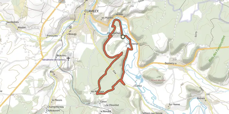 Map of the Flottage du Bois track on the IGN map, with the start and numbered waypoints