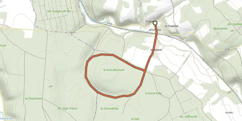 Carte du tracé de Maquis du Loup sur le Plan IGN, départ et points de passage numérotés