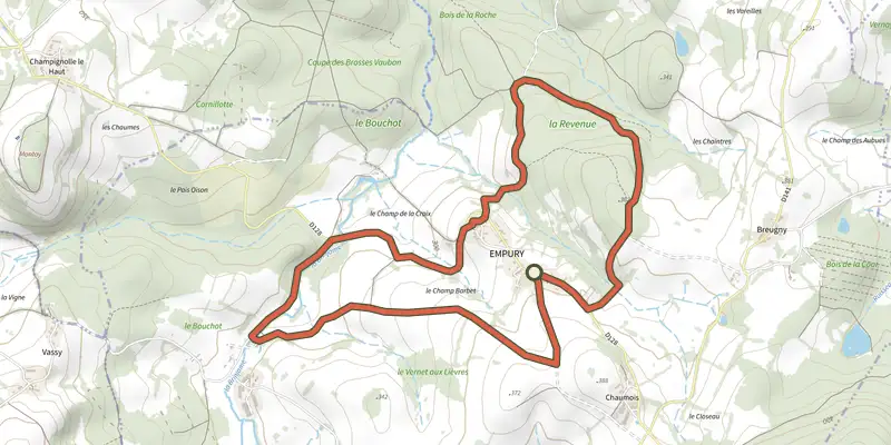 Map of the Boucle d-Empury track on the IGN map, with the start and numbered waypoints