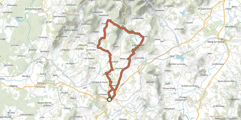 Map of the Luzy 7 track on the IGN map, with the start and numbered waypoints