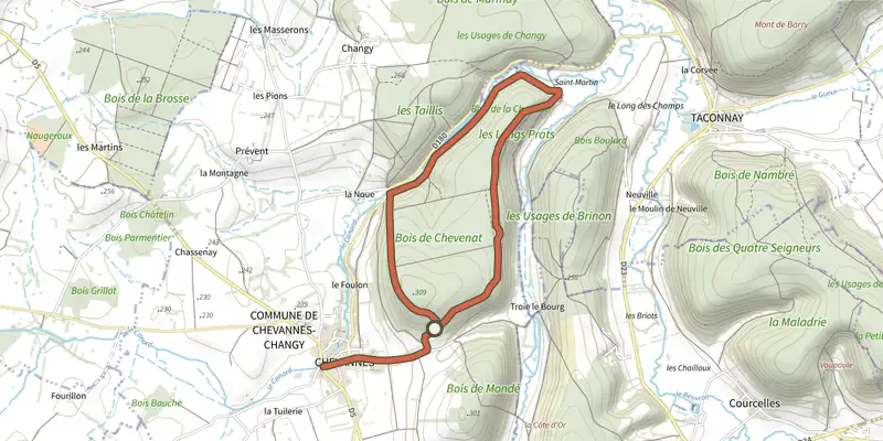 Map of the Circuit du Bois de Chevenat track on the IGN map, with the start and numbered waypoints