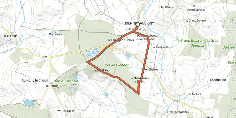 Carte du tracé de Diennes Aubigny sur le Plan IGN, départ et points de passage numérotés