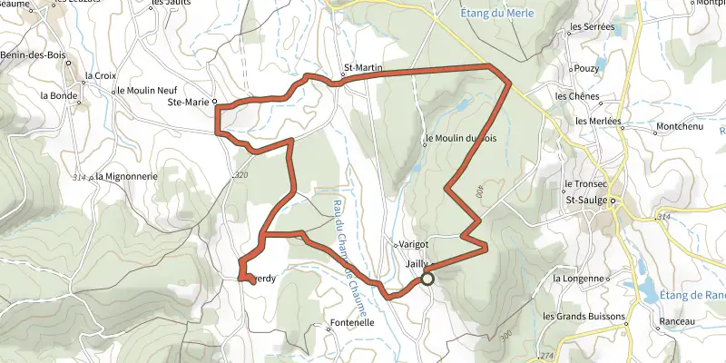Map of the Circuit des Sources et des Buttes track on the IGN map, with the start and numbered waypoints