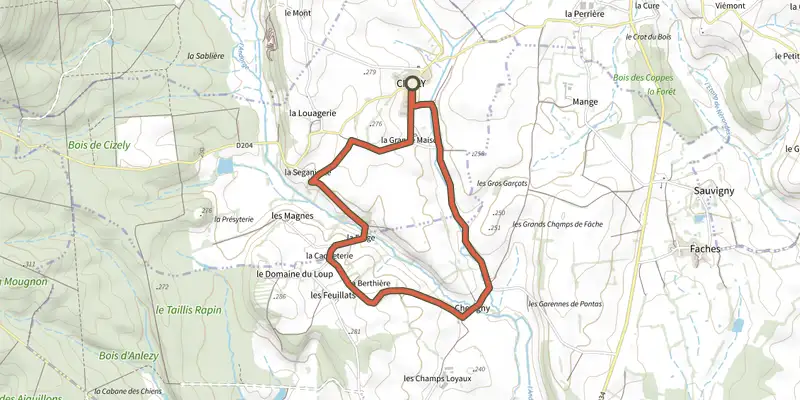 Carte du tracé de Cizely sur le Plan IGN, départ et points de passage numérotés