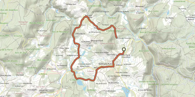 Map of the Boucle de Dun track on the IGN map, with the start and numbered waypoints