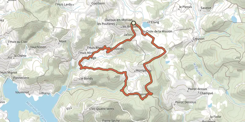 Map of the Ouroux en Morvan 6 track on the IGN map, with the start and numbered waypoints