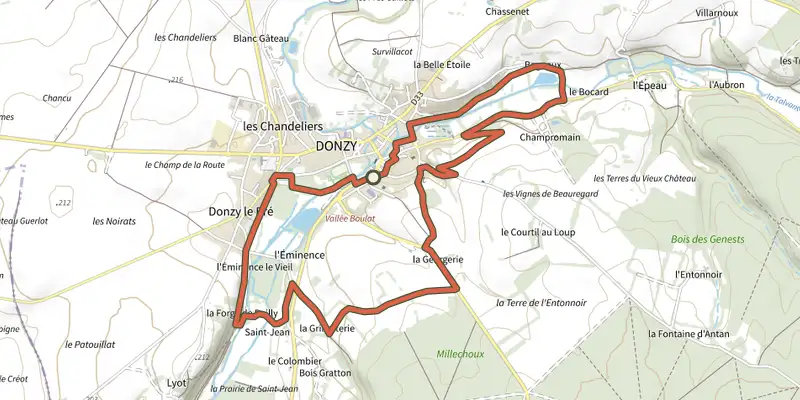 Carte du tracé de Vallee de Donzy sur le Plan IGN, départ et points de passage numérotés