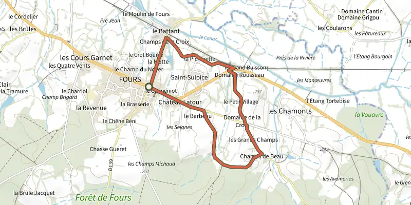 Map of the Circuit du Jeu de Quilles track on the IGN map, with the start and numbered waypoints