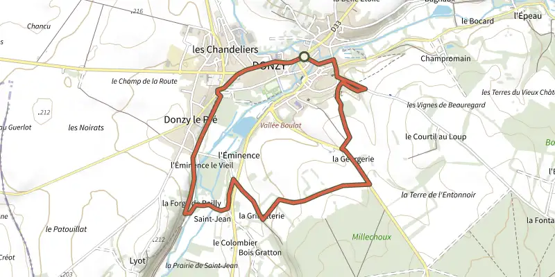 Carte du tracé de Vtt5-Donzy St Martin du Pre sur le Plan IGN, départ et points de passage numérotés