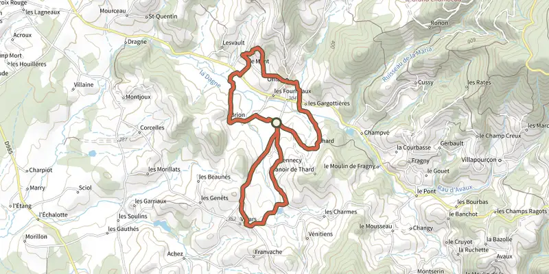 Map of the Le Chemin des Puits track on the IGN map, with the start and numbered waypoints