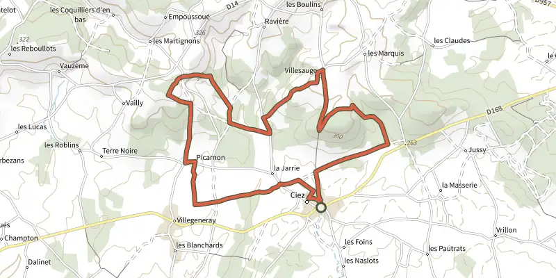 Carte du tracé de Boucle de Ciez sur le Plan IGN, départ et points de passage numérotés
