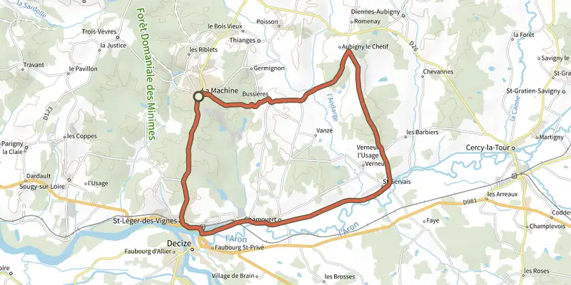 Carte du tracé de Decize 35km sur le Plan IGN, départ et points de passage numérotés