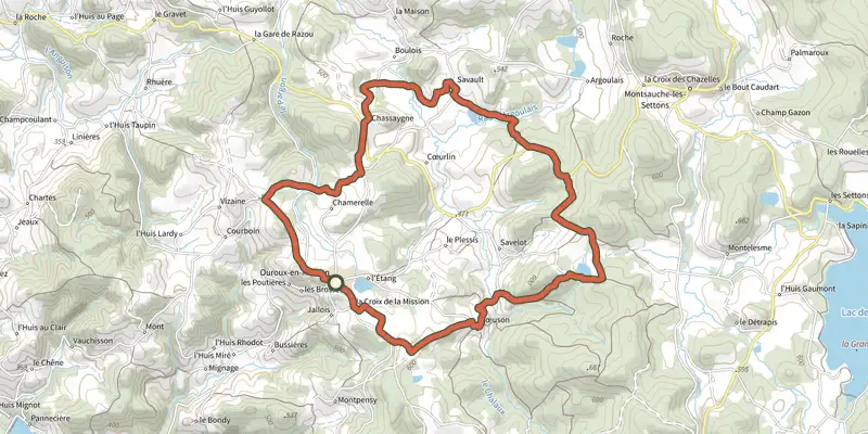 Carte du tracé de Ouroux en Morvan 4 sur le Plan IGN, départ et points de passage numérotés