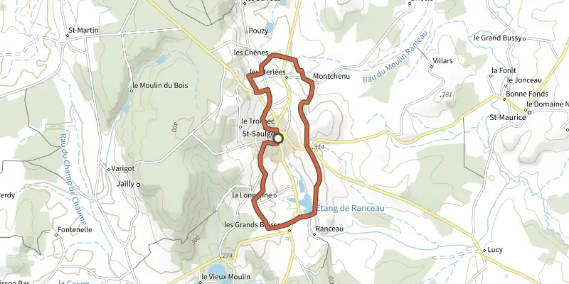 Carte du tracé de Vtt St Saulge 2 sur le Plan IGN, départ et points de passage numérotés