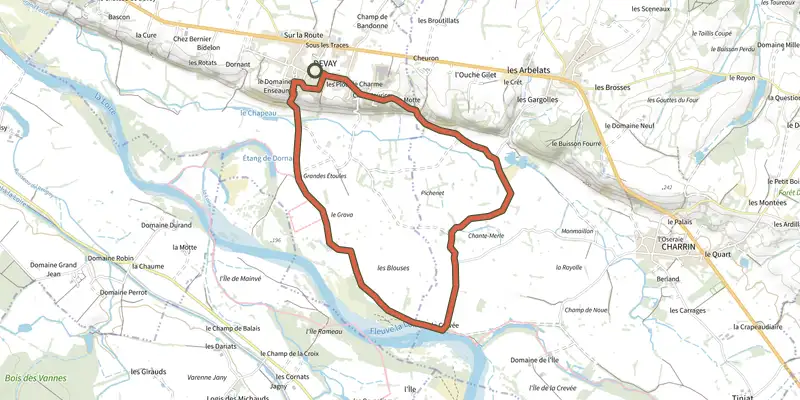 Map of the Devay5 track on the IGN map, with the start and numbered waypoints