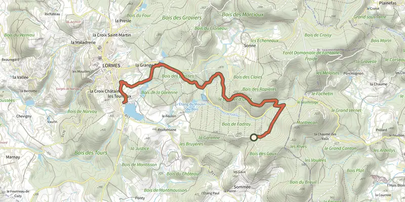 Carte du tracé de Lormes 14 sur OpenTopoMap, départ et points de passage numérotés