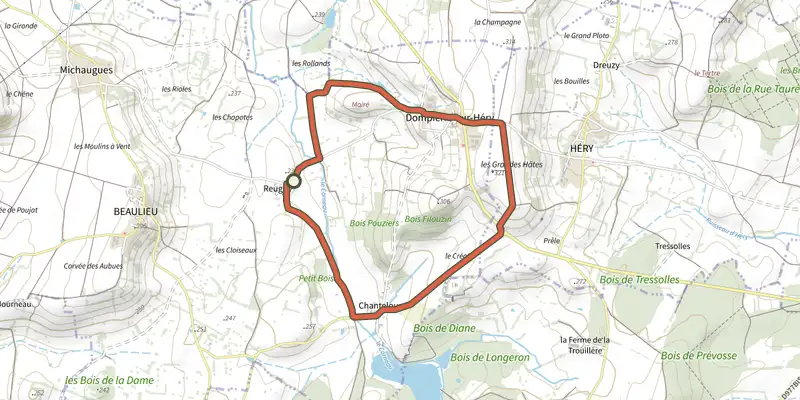 Map of the VTT3 Beuvron - DOMPIERRE SUR HERY track on the IGN map, with the start and numbered waypoints