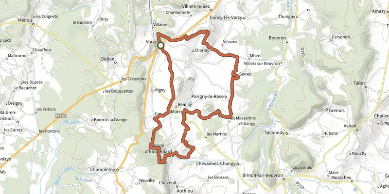 Map of the VVT1 Sauzay - VARZY MARCY track on the IGN map, with the start and numbered waypoints