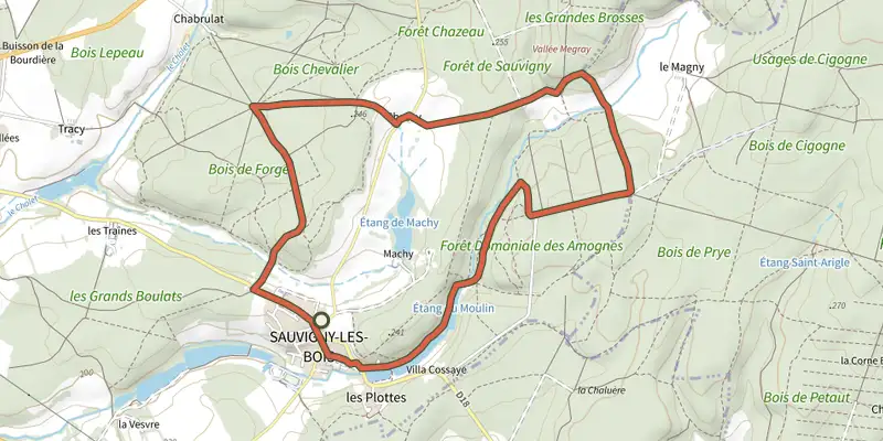 Carte du tracé de Circuit de Chassy sur le Plan IGN, départ et points de passage numérotés