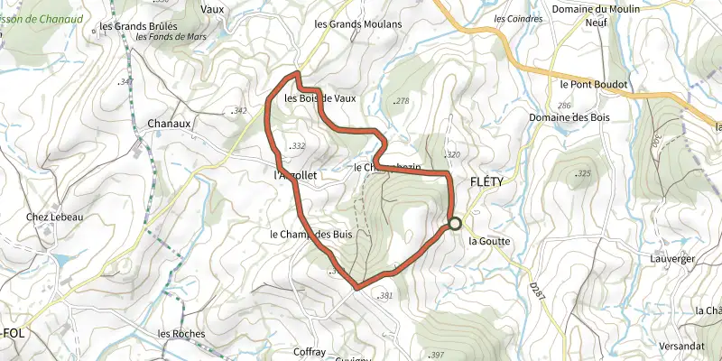 Map of the Balade de la Motte track on the IGN map, with the start and numbered waypoints