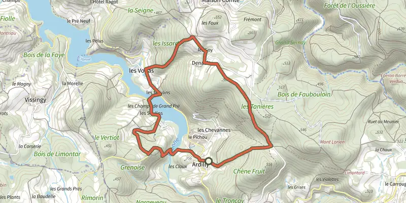 Map of the Boucle de la Queue du Lac de Panneciere track on the IGN map, with the start and numbered waypoints