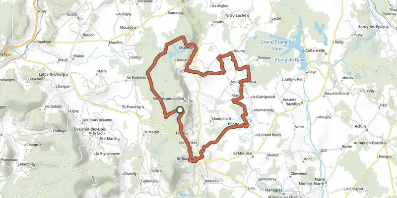 Carte du tracé de VTT ST SAULGE 9 - la vache et le pompier sur le Plan IGN, départ et points de passage numérotés