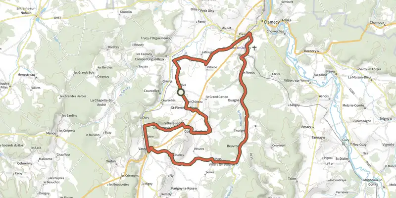 Carte du tracé de Circuit du Beuvron sur le Plan IGN, départ et points de passage numérotés
